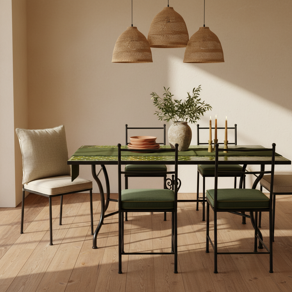 Green quatrefoil zellige mosaic rectangular dining table in a warm organic modern interior with cream limewash walls oak floor rattan pendant linen chairs and olive branch centerpiece