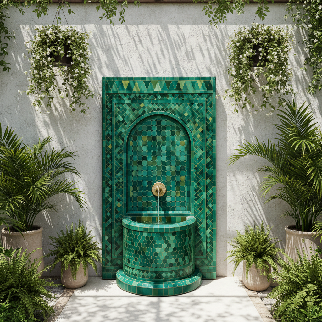 Green Moroccan mosaic fountain in whitewashed riad garden courtyard with tropical plants