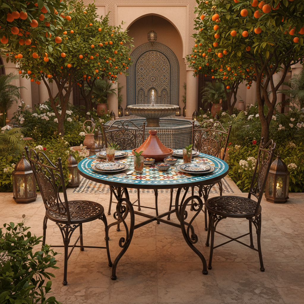 Multicolor zellige mosaic dining table with coral gold teal star pattern in a Moroccan riad courtyard garden with orange trees lanterns tagine dishes and ornate iron chairs