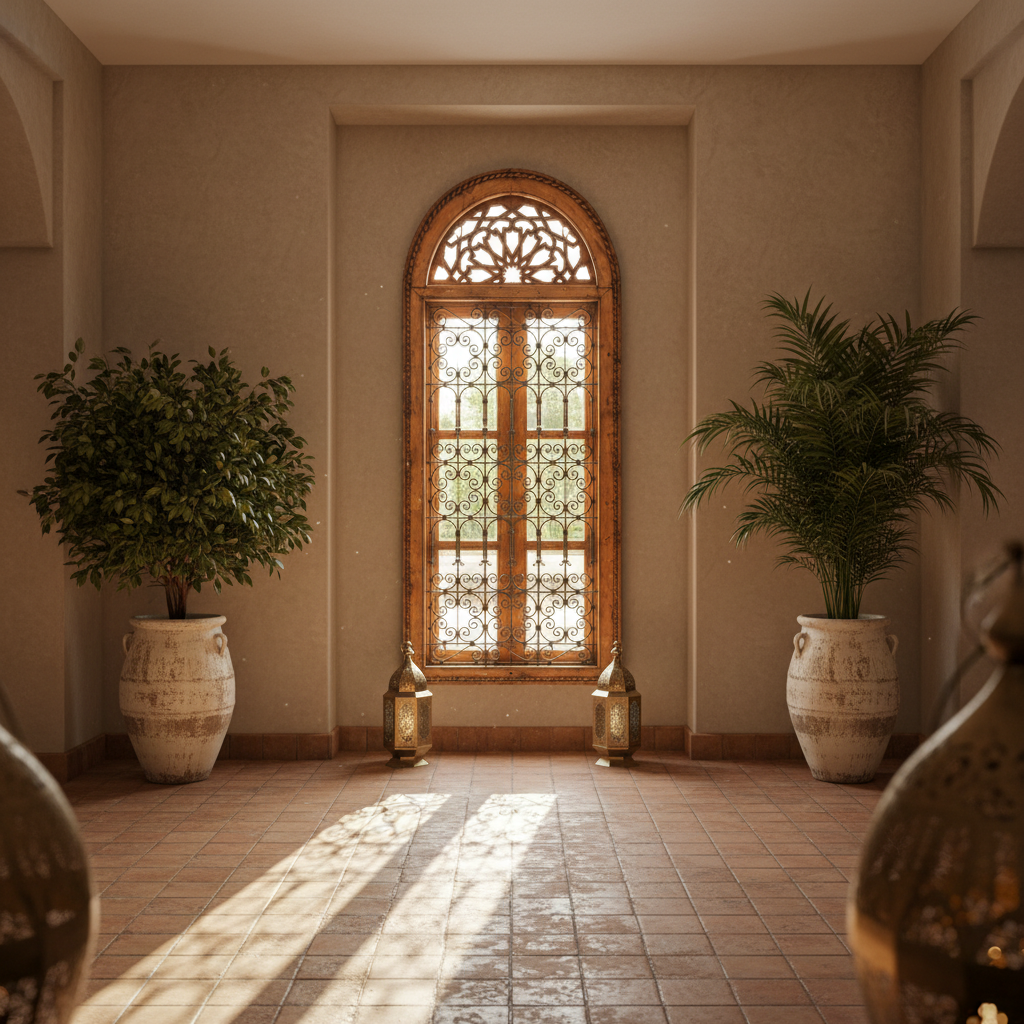 Moroccan arched window as architectural feature in luxury Mediterranean boutique hotel lobby