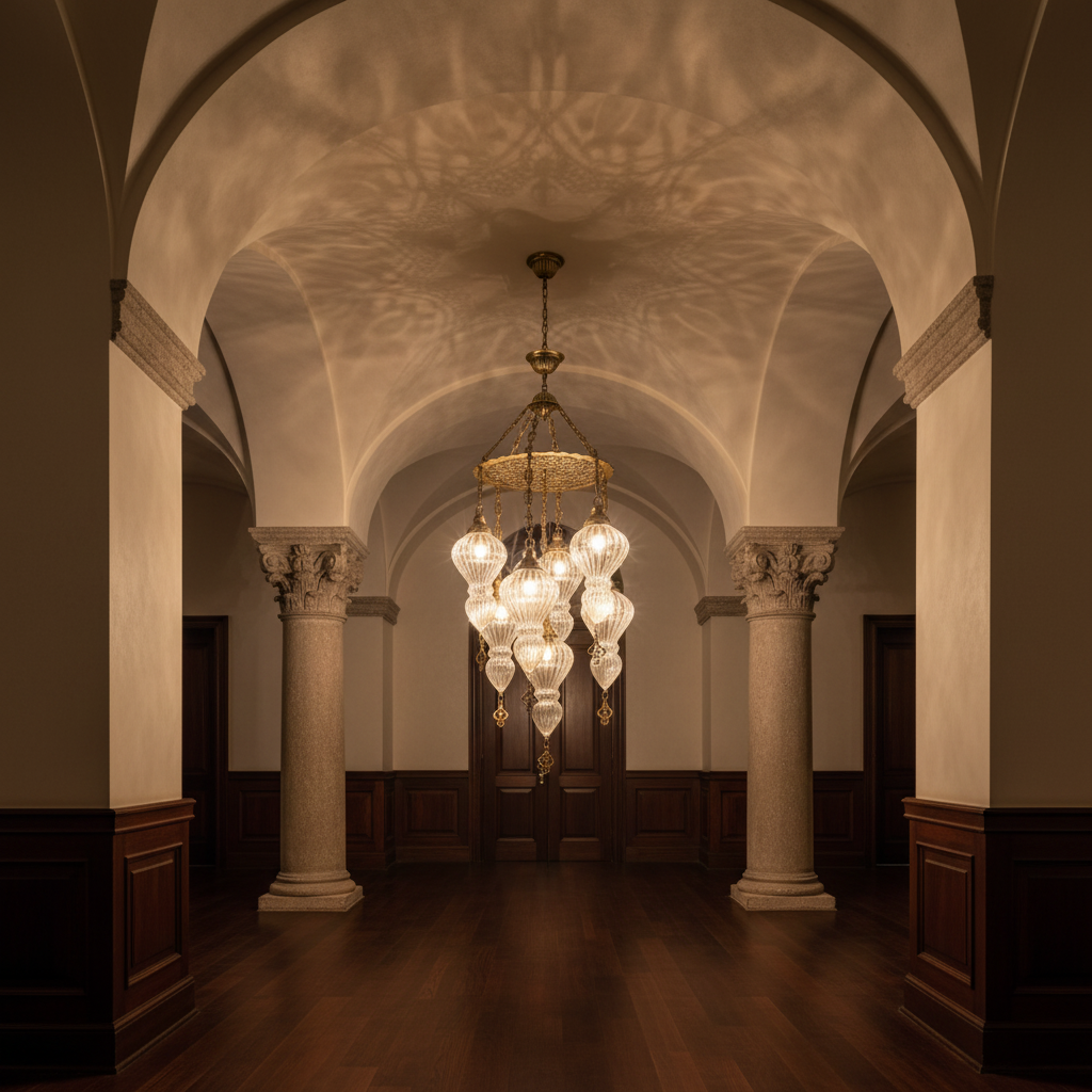 Cascading ribbed glass chandelier in a warm boutique hospitality interior