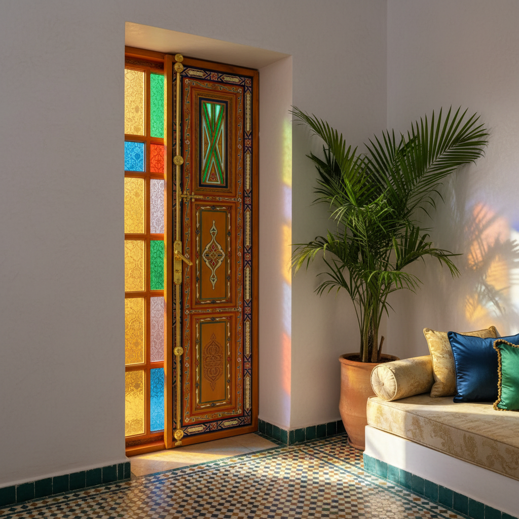 Moroccan orange riad window installed in whitewashed riad interior with zellige floor
