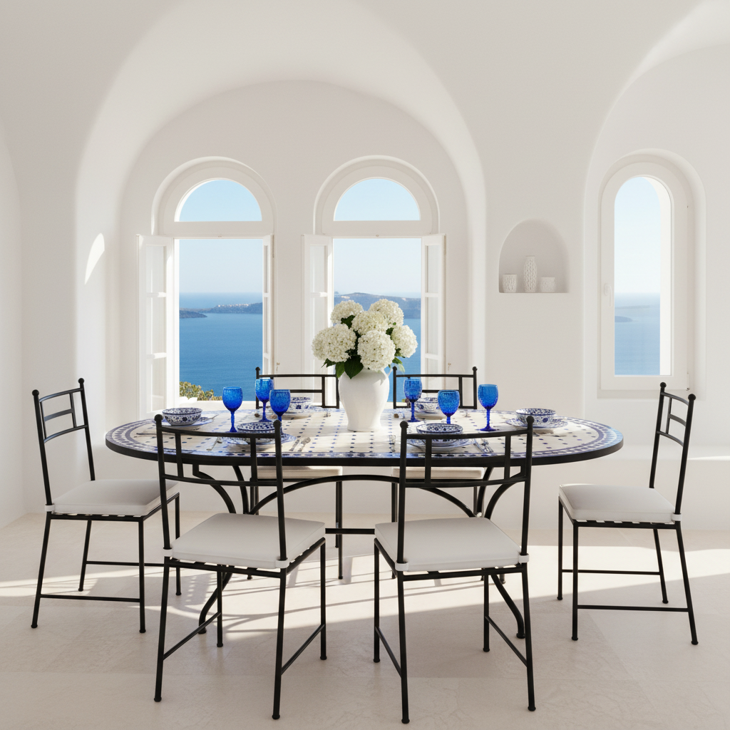 Cobalt blue and white diamond dot zellige oval mosaic dining table in a bright Santorini Greek island villa interior with white domed ceiling arched windows sea view and blue ceramics