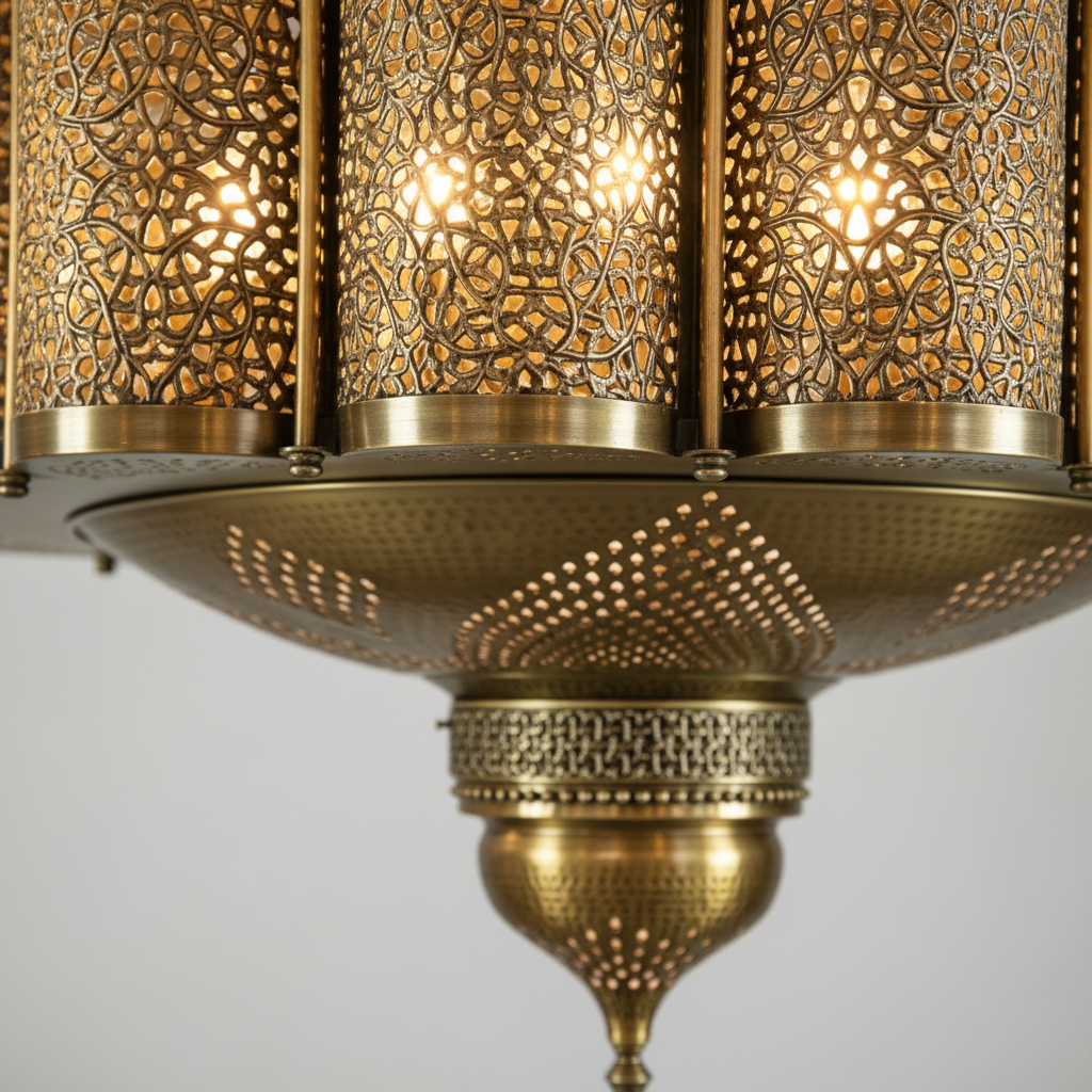 Close-up of the handcrafted pierced brass pattern on a Moroccan chandelier