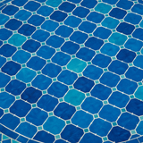 Close-up macro of vivid cobalt blue and teal zellige mosaic basketweave tile pattern