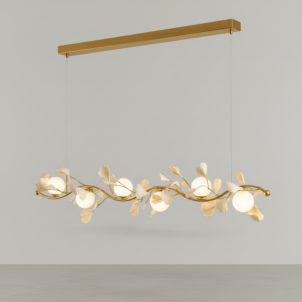 Three-quarter detail of the sculptural Nordic gold petal pendant light