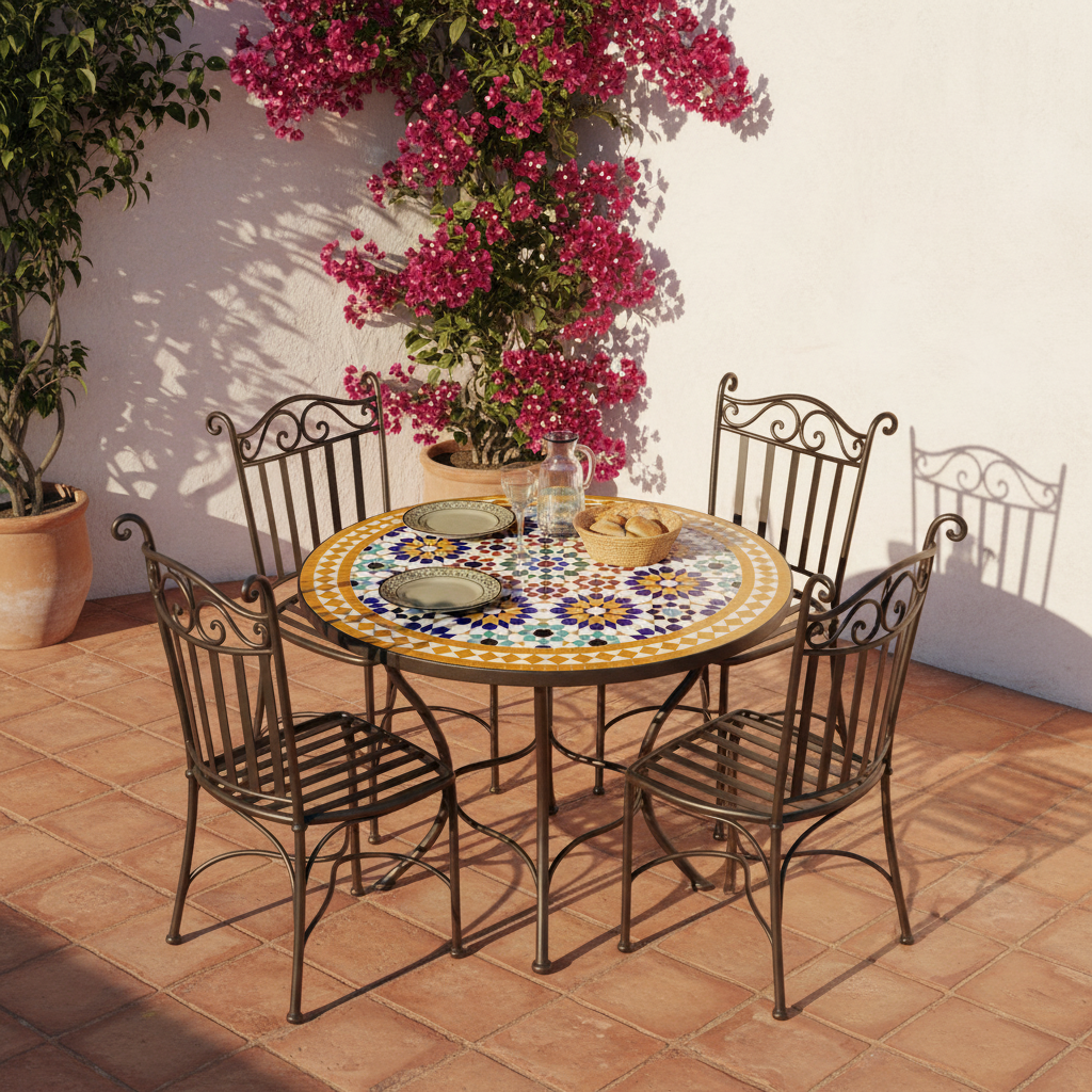 Multicolor zellige mosaic dining table with iron chairs on a sunlit whitewashed Andalusian terrace with bougainvillea
