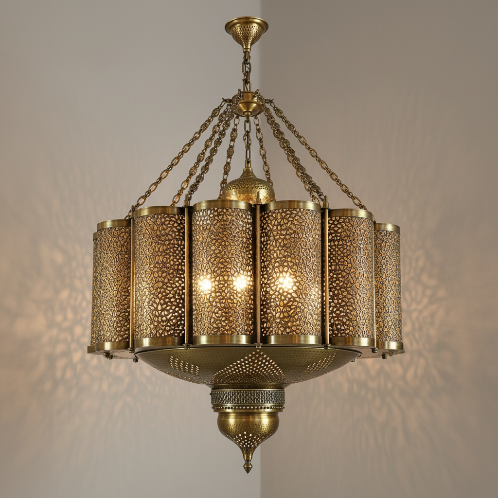 Three-quarter detail of an antique brass Moroccan chandelier glowing through its filigree panels