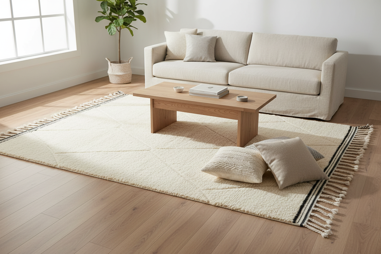 Minimalist Cream Diamond Relief Rug – Lifestyle