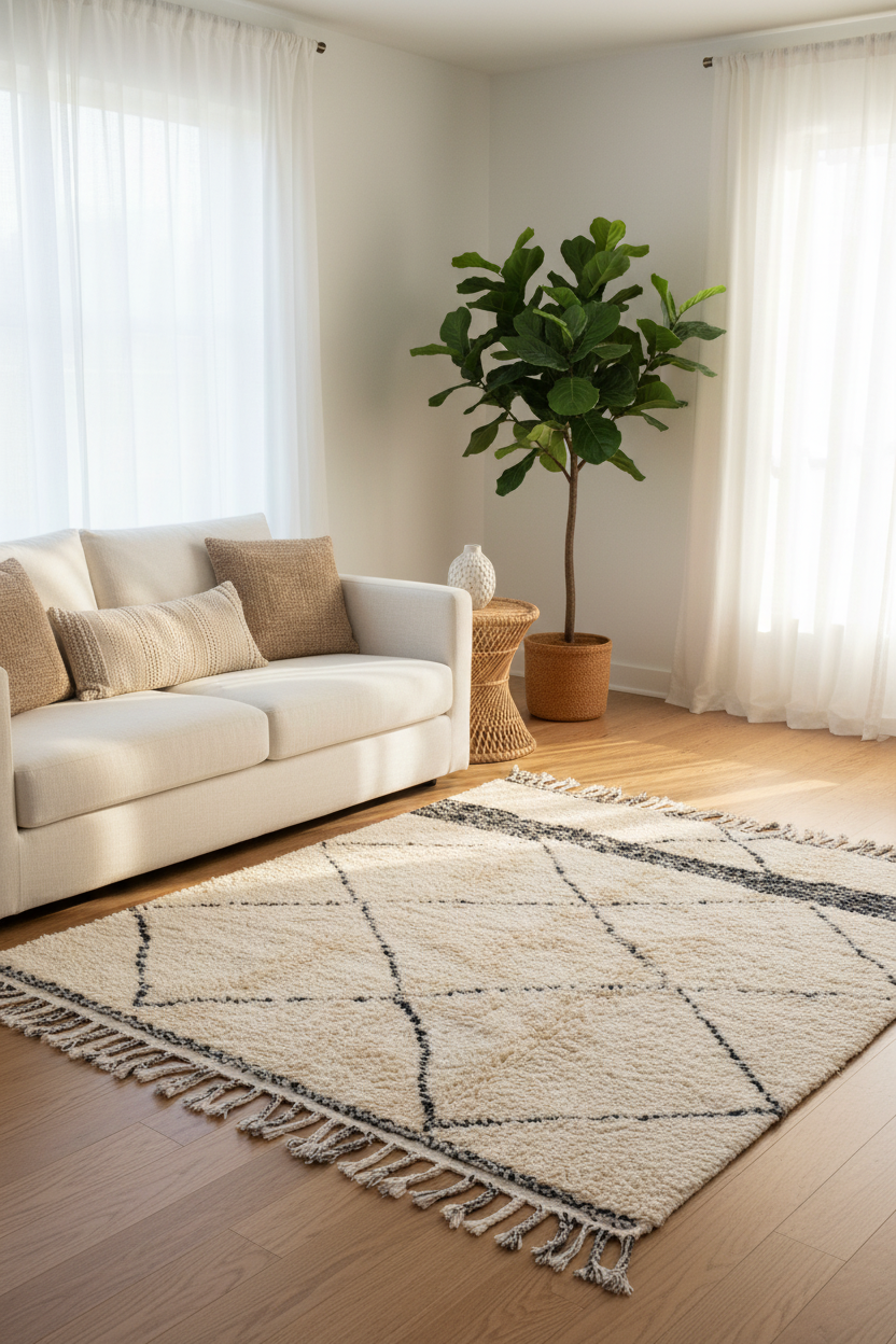 Minimalist Cream Trellis Berber Rug Lifestyle