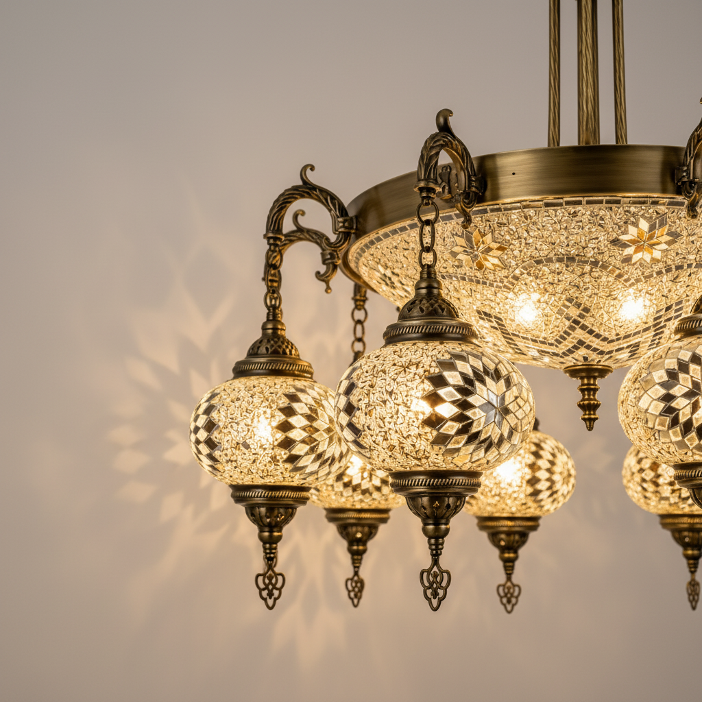 Three-quarter view of a 10-light mosaic chandelier with glowing glass shades